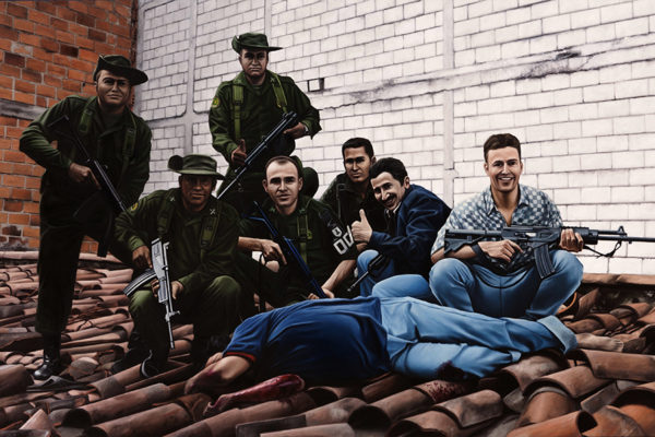 SET / Foto / 150 x 250 cm / Oleo sobre tela / 2017 A partir de la escena que da cuenta de la muerte de Pablo Escobar en un tejado en la ciudad de Medellín en 1993, por parte de una fuerza conjunta de la Policía Nacional de Colombia y la DEA