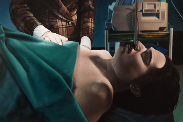 SET / Morge / 106 x 165 cm / Oleo sobre tela / 2017 A partir de la escena que registra el atentado en contra del candidato presidencial Luis Carlos Galan en 1989