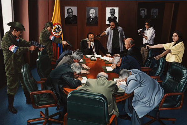 SET / Magistrados  / 106 x 160 cm / Oleo sobre tela / 2017 A partir de la escena que da cuenta de la toma del palacio de justicia por parte del grupo guerrillero M – 19